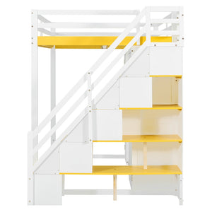 English Elm Full Size Teen Loft Bed with Staircase Shelves Wardrobe Vanity and Led Lighting LT000276AAL