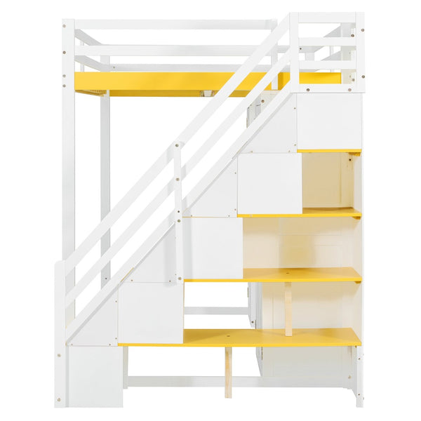 English Elm Full Size Teen Loft Bed with Staircase Shelves Wardrobe Vanity and Led Lighting LT000276AAL
