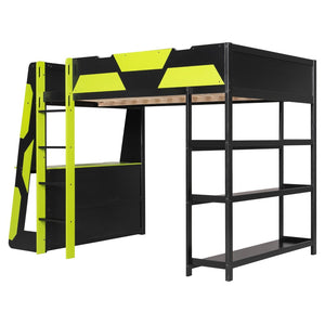English Elm Full Size Gaming Loft Bed with Led Lighting Desk Shelves and Usb Charging Ports N820S00076F