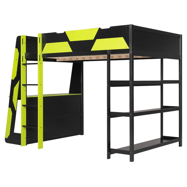 English Elm Full Size Gaming Loft Bed with Led Lighting Desk Shelves and Usb Charging Ports N820S00076F