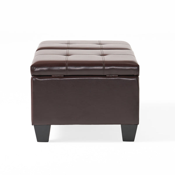 English Elm Christopher Knight Home® - ALFRED Storage Ottoman Brown PU Leather with Dual-Opening Tray Top, Tufted, Espresso Legs, 51.5"L N757P254559B