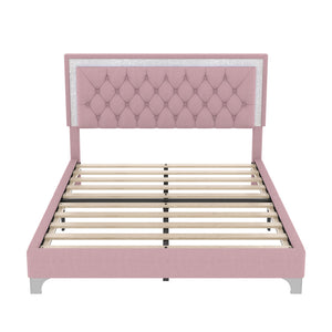 English Elm 3-Pieces Tufted Upholstered Platform Bed with Romantic LED Headboard and Two Storage Nightstands Pink 63.98 L x 23.23 W x 5.91 H N733S183659H