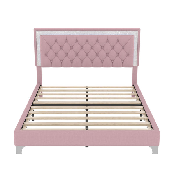 English Elm 3-Pieces Tufted Upholstered Platform Bed with Romantic LED Headboard and Two Storage Nightstands Pink 63.98 L x 23.23 W x 5.91 H N733S183659H