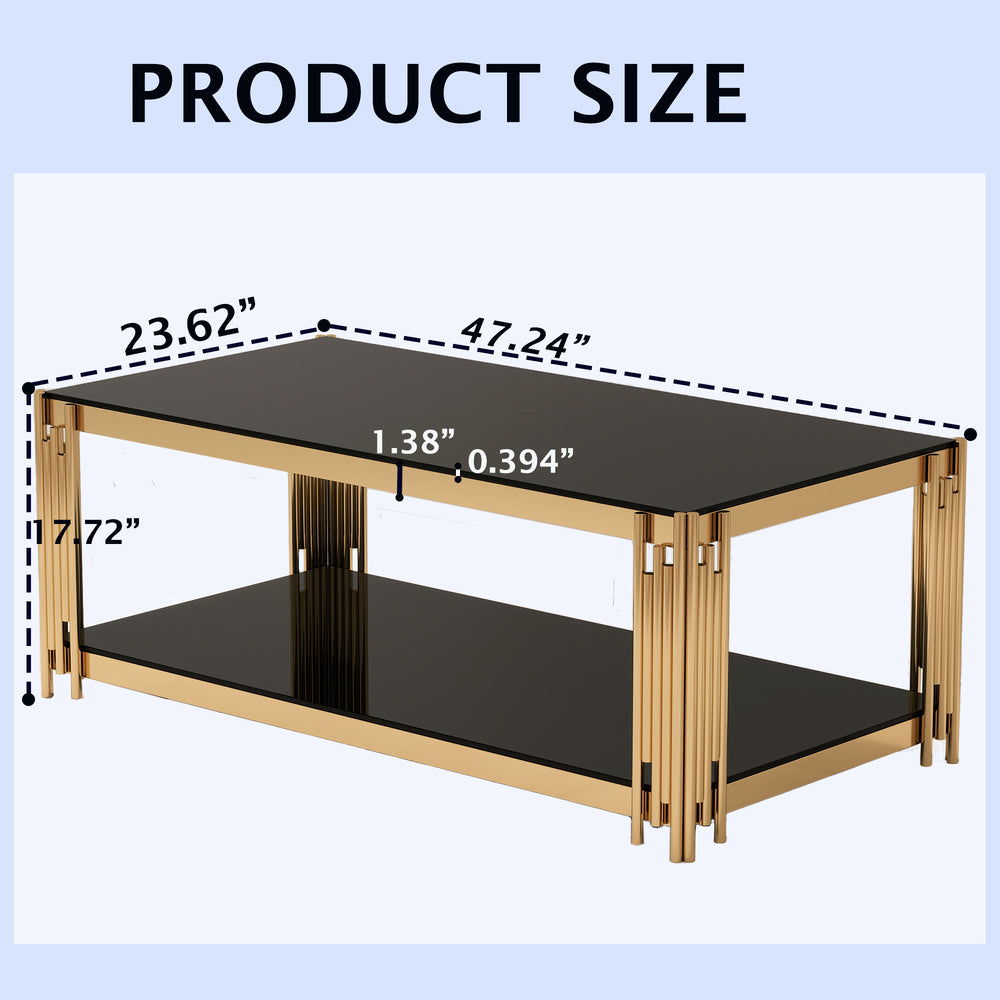 English Elm 47'' Gold Glass Double-Layer Coffee Table with Black Tempered Top, Stainless Steel Legs, Luxe Modern Appeal W1727P344005