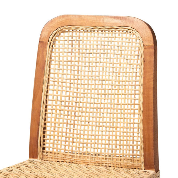 English Elm Mid-century Modern Mahogany Wood Counter Stool with Woven Rattan Back Panel B2750P470061