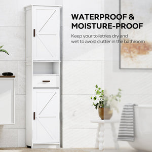 English Elm 69" Tall Bathroom Storage Cabinet with Barn Doors and Drawer, Slim 7-Shelf Floor Unit for Small Spaces White W3457P336681