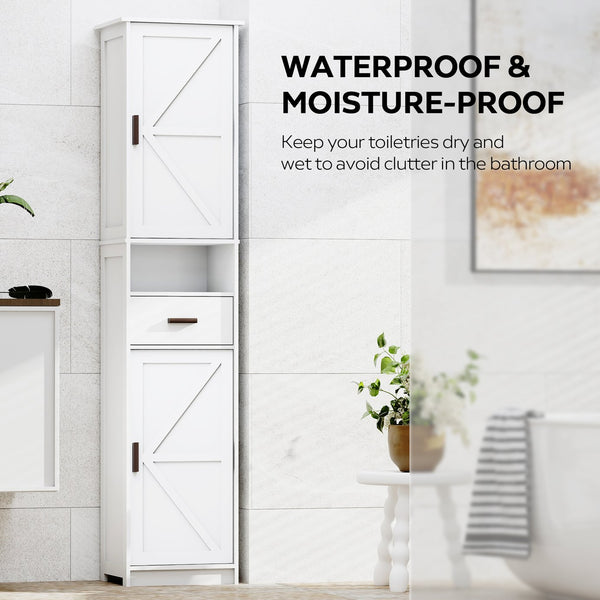 English Elm 69" Tall Bathroom Storage Cabinet with Barn Doors and Drawer, Slim 7-Shelf Floor Unit for Small Spaces White W3457P336681