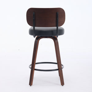 English Elm Swivel Mid Century Counter Stools Set of 2 with 360° Swivel, Walnut Bentwood Back and PU Seat Black W1143P300155