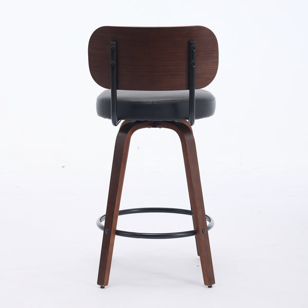 English Elm Swivel Mid Century Counter Stools Set of 2 with 360° Swivel, Walnut Bentwood Back and PU Seat Black W1143P300155