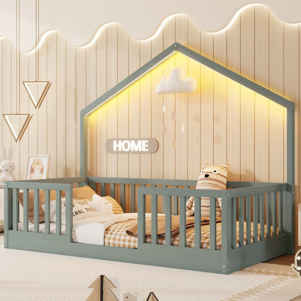 English Elm Twin Montessori Floor Bed House Frame with Led Lighting and Safety Rails for Kids Grey W2593P440597
