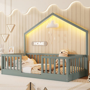 English Elm Twin Montessori Floor Bed House Frame with Led Lighting and Safety Rails for Kids Grey W2593P440597