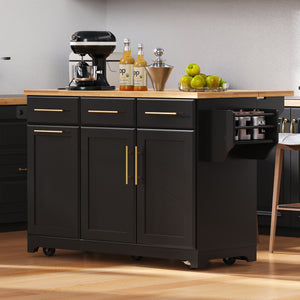 English Elm K&K Vintage Kitchen Island with Rubberwood Top, Hidden Wheels, Pull-Out Trash & Charging Station Black N707P299014B