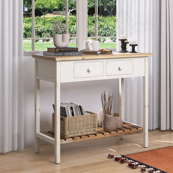 English Elm Vintage Two-Drawer Console Table Antique Natural Distressed Finish with Shelf, Sturdy Entryway Storage W2295P366795