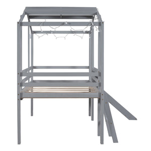 English Elm Twin House Loft Bed with Slide Chalkboard Panel and Led Roofline for Kids Gray WF324323AAE