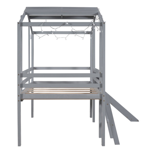 English Elm Twin House Loft Bed with Slide Chalkboard Panel and Led Roofline for Kids Gray WF324323AAE