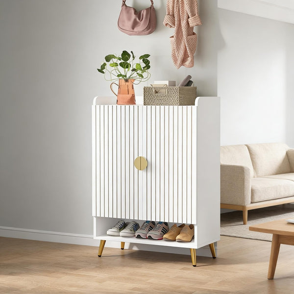 English Elm Rustic Seven Tier Shoe Cabinet with Swing Doors Adjustable Entryway Organizer Gold,White T3971P448652