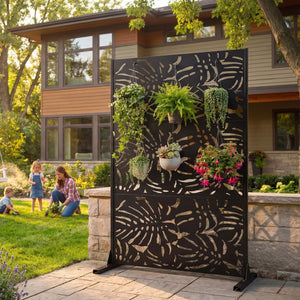 English Elm Metal Laser Cut Tropical Leaf Freestanding Privacy Screen for Patio Balcony Garden W5312P463063