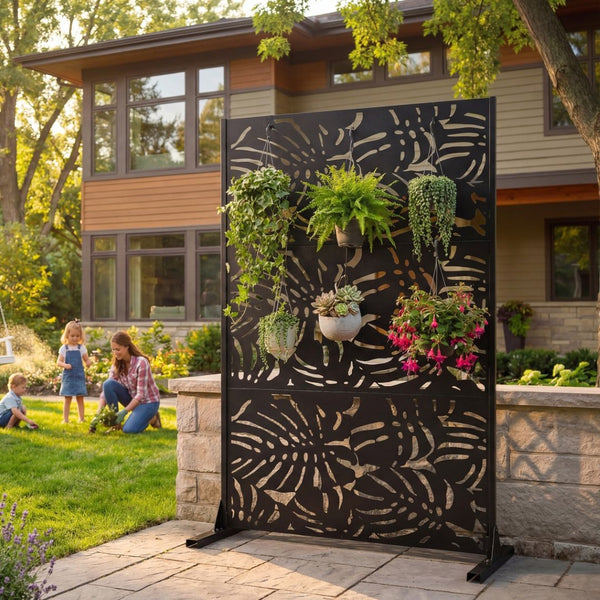 English Elm Metal Laser Cut Tropical Leaf Freestanding Privacy Screen for Patio Balcony Garden W5312P463063