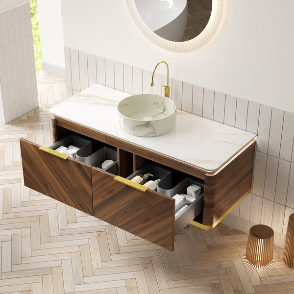 English Elm Dipa 48" Floating Bathroom Vanity With Stone Countertop, Vessel Sink & Led Light, Dark Walnut Finish W2615S00485