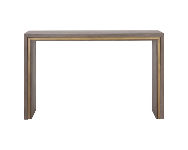 Sunpan Hilbert Console Table - Modern Grey Acacia Wood with Brass Trim, Stylish Linear Design for Any Space