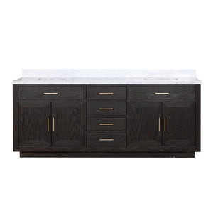 English Elm Abbey 84" Black Oak Double Bath Vanity with Carrara Marble Top, Solid Wood Frame & Soft-Close Drawers B2731P260873