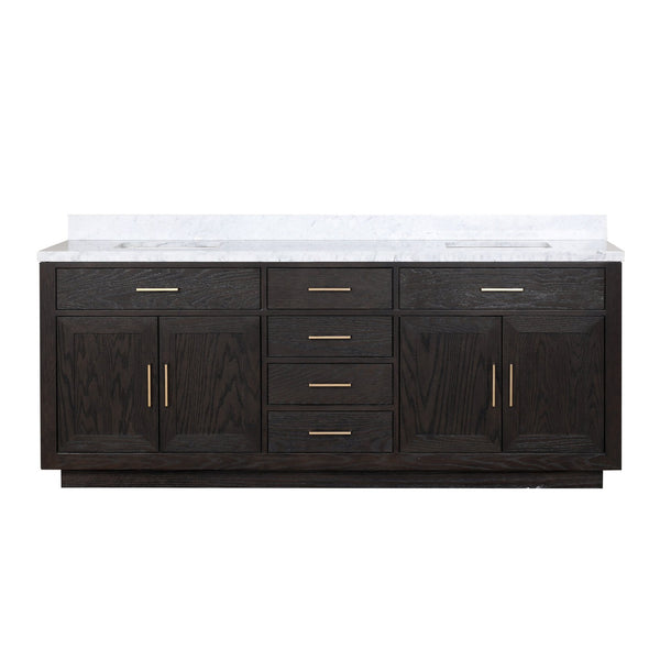 English Elm Abbey 84" Black Oak Double Bath Vanity with Carrara Marble Top, Solid Wood Frame & Soft-Close Drawers B2731P260873