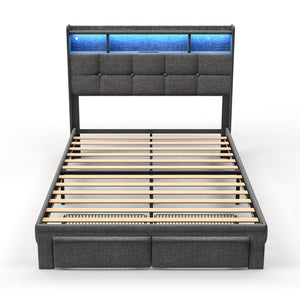 English Elm Full Linen Upholstered Bed with LED Lights, 20W Fast Charging, 2 Drawers & Memory Foam Headboard - Dark Gray W1550P190361