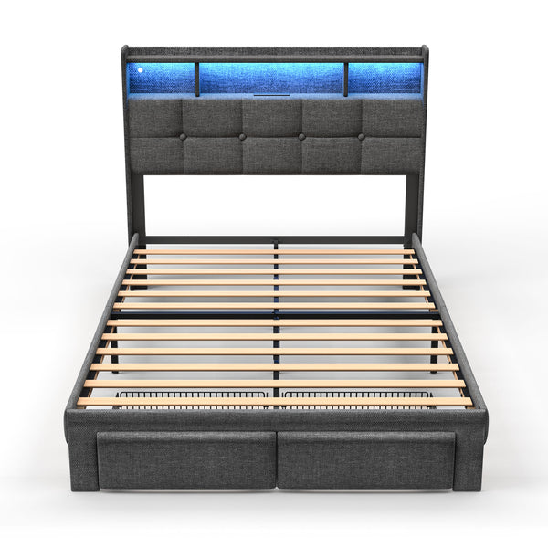 English Elm Full Linen Upholstered Bed with LED Lights, 20W Fast Charging, 2 Drawers & Memory Foam Headboard - Dark Gray W1550P190361