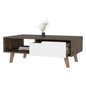 English Elm Hamburg Modern Coffee Table 2.0 – Dark Brown & White, Spacious Top, Open Shelf & Drawer Storage B128P148918