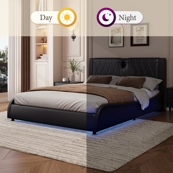English Elm Queen Luxurious Faux Leather Platform Bed with Thick Headboard, Bluetooth Speakers & RGB Ambience Lights Black 62.6 L x 19.69 W x 12.99 H N701P241047B