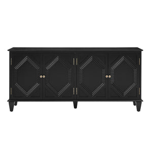 English Elm 65.2" Mid Century Sideboard Buffet with Fluted Geometric Doors, Spacious Adjustable Shelves & Brass Accents Black W1801P346229