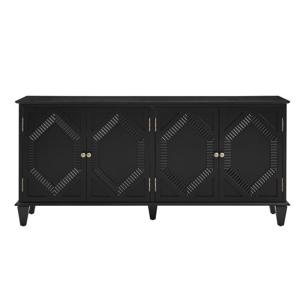 English Elm 65.2" Mid Century Sideboard Buffet with Fluted Geometric Doors, Spacious Adjustable Shelves & Brass Accents Black W1801P346229