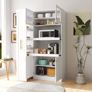 English Elm Kitchen Farmhouse Pantry Cabinet With Multi-Tier Pull-Out Shelves & 4 Doors For Organized Storage W331S00173