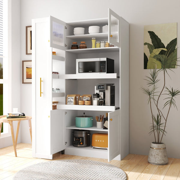 English Elm Kitchen Farmhouse Pantry Cabinet With Multi-Tier Pull-Out Shelves & 4 Doors For Organized Storage W331S00173