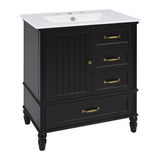 Christopher Knight Home® - Noble House - - 30" Bathroom Vanity With Sink, Bathroom Cabinet With A Door, Three Drawers, Solid Wood Legs & Mdf Board, Adiustable Foot Pads, Black (Other Color: N725P195409K)