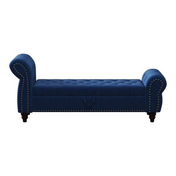 English Elm 64.5" Bed Bench with Storage Velvet Upholstery — Tufted Chaise Lounge, Solid Wood Frame, 400lb Capacity Navy Blue W1097P202879