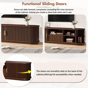 English Elm Vintage Farmhouse Media Console with Slatted Sliding Doors and Brass Hardware for Living Room Walnut N721P427206P