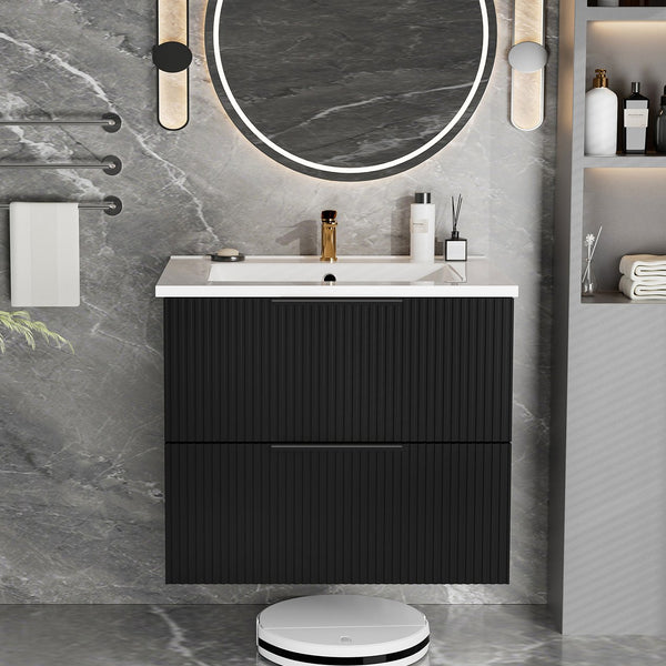 English Elm 24 Compact Bathroom Vanity with Sink — Floor-Standing Stability, Soft-Close Drawers, Large Storage, Durable Finish Matte Black 26.38 L x 22.83 W x 7.87 H W3520S00001