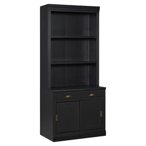 English Elm 83.4"tall Two-piece Bookcase Suite with Led Shelves Tempered Glass Doors Matte Black N751S059621B