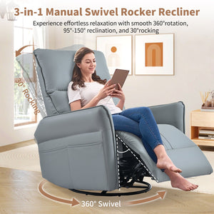 English Elm 360° Swivel Rocker Recliner Chair with Pull-Ring Recline, 360° Swivel, Rocking Comfort for Living Spaces Blue Gray W1028S00051