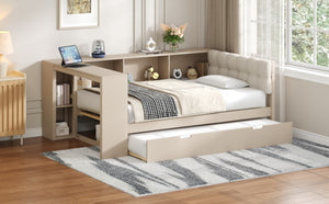 English Elm Wood Twin Platform Bed Linen Headboard Storage Shelves Trundle Charging Station Cream N709P004023C