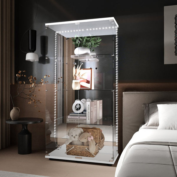 English Elm Tempered Glass Display Cabinet With Bluetooth Led Light, Locking Door, Mirrored Back – Stylish Storage! W3155S00016-GIGA