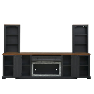 English Elm 3-piece Farmhouse Entertainment Center with Curved Cabinets Walnut Mdf Modular Living Room Black N721S000068B