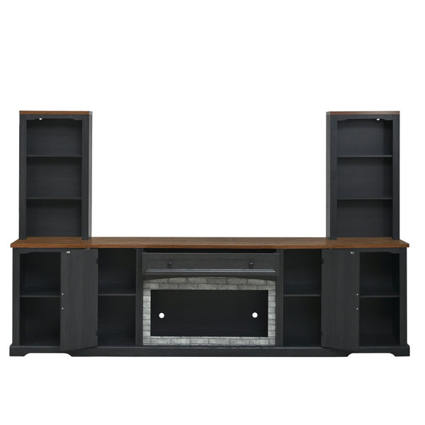English Elm 3-piece Farmhouse Entertainment Center with Curved Cabinets Walnut Mdf Modular Living Room Black N721S000068B