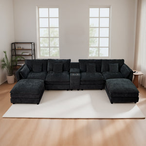 English Elm U Shaped Sectional Cloud Couch for Living Room 144" Plush Modular Sofa with Ottoman Storage Console Cupholders Black W3276S00011