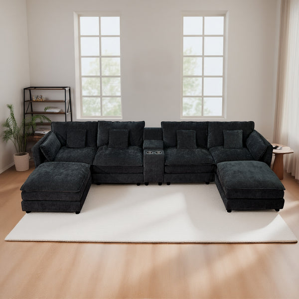 English Elm U Shaped Sectional Cloud Couch for Living Room 144" Plush Modular Sofa with Ottoman Storage Console Cupholders Black W3276S00011