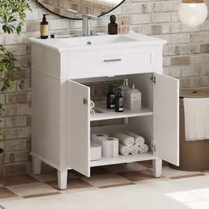 English Elm 30-inch bathroom vanity with ceramic basin, solid wood frame, soft-close doors and adjustable shelves for organized style and lasting durability White N729P173380K