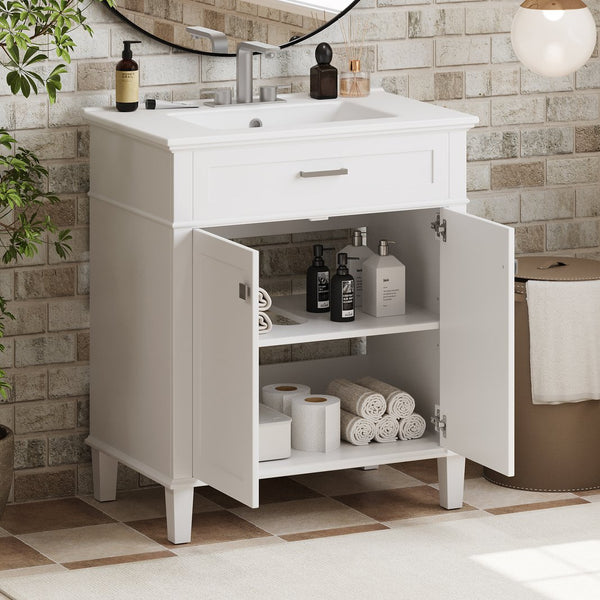 English Elm 30-inch bathroom vanity with ceramic basin, solid wood frame, soft-close doors and adjustable shelves for organized style and lasting durability White N729P173380K