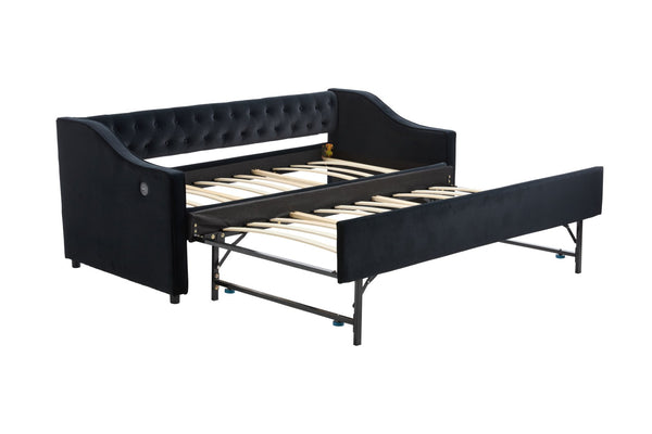 English Elm Twin Velvet Daybed with Pull Out Trundle Tufted Back Usb Port and Side Pockets Black W1361S00039
