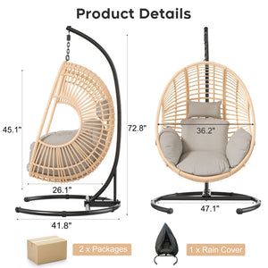 English Elm 42 Inch Hanging Egg Chair Woven Pe Rattan Patio Swing with Thick Cushion 400lb Natural W3979S00006